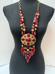 Women's Bold Statement Necklace 20" Plus Extender by Chico's Gold Tone and Red B - Picture 1 of 6