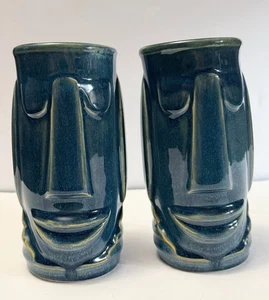 2 LIBBEY Ceramic Tumbler Vase Tiki Easter Island Blue Glaze 7" Souvenir - Picture 1 of 7