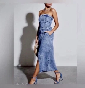 Vici Strapless Denim Midi Dress With Front Slit, A Smocked Back & Pockets NEW S - Picture 1 of 12