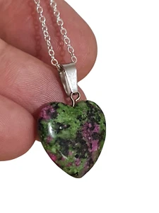 Anyolite Ruby Zoisite Pendant Carved Heart Chain 18" Necklace Grounding Unique - Picture 1 of 12