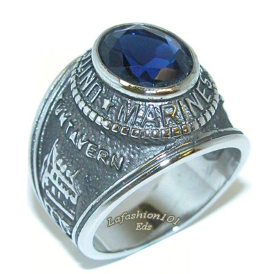 Mens TK316 Stainless Steel Wide Band Blue Sapphire CZ Military Marine Troop Ring - Image 1 of 4