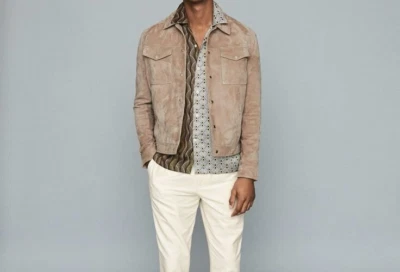 Mens Beige Vintage Suede Leather Jacket Slim Fit Bomber Biker Trucker Jacket L - Image 1 of 3