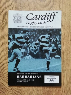 Cardiff v Barbarians Apr 1992 Rugby Programme - Image 1 of 2