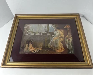 Schöner antiker viktorianischer Druck zeigt Mutter & Kind auf Rückseite, Originalrahmen - Bild 1 von 9