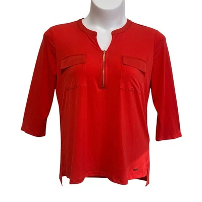 Blusa Top Ellen Tracy Mujer Talla Grande Roja/Coral Manga 3/4 1/4 Cremallera Elastizada Foto 1 de 4