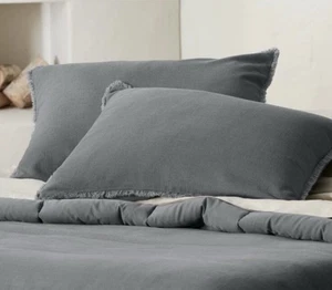 Casaluna Heavyweight Linen Blend Pillow Shams Pair Rich Gray Raw Edge King Size - Picture 1 of 12