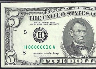 🇺🇸 1985 $5 VERY LOW SERIAL NUMBER ♚♚ 00000010 ♚♚ PMG CH UNC 64 EPQ AMAZING ! - Image 1 of 3