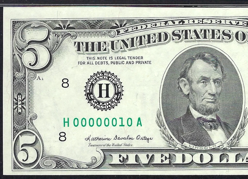 🇺🇸 1985 $5 VERY LOW SERIAL NUMBER ♚♚ 00000010 ♚♚ PMG CH UNC 64 EPQ AMAZING ! - Image 1 of 3