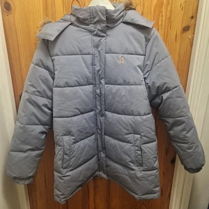 U.S. Polo Assn Women’s Puffer Jacket L Grey Faux Fur Hood Winter Coat - Picture 1 of 12