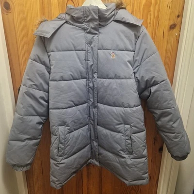 U.S. Polo Assn Women’s Puffer Jacket L Grey Faux Fur Hood Winter Coat - Image 1 of 4