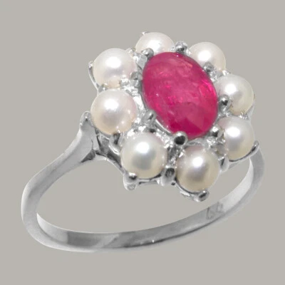 10k White Gold Natural Ruby & Cultured Pearl Womens Cluster Ring - Sizes 4 to 12 - Image 1 of 4