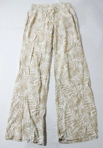Cali 1850 Women's Linen Smocked Leaf Print Beach Pants CG2 Taupe White Medium - Picture 1 of 4