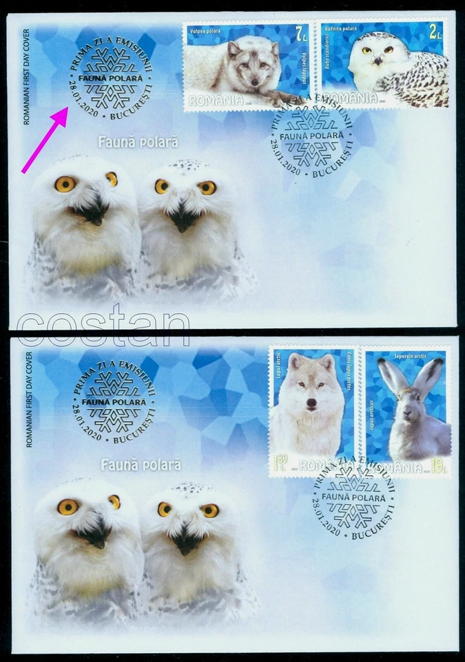 2020 Polar Fauna,Snowy Owl,Arctic Fox,Arctic Hare,Arctic Wolf,Romania,M.7660,FDC - Image 1 of 1