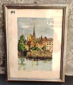 DIPINTO ACQUERELLO CATTEDRALE NOTRE DAME PARIS VIOLE 77 QUADRO CORNICE IN LEGNO - Imagen 1 de 4