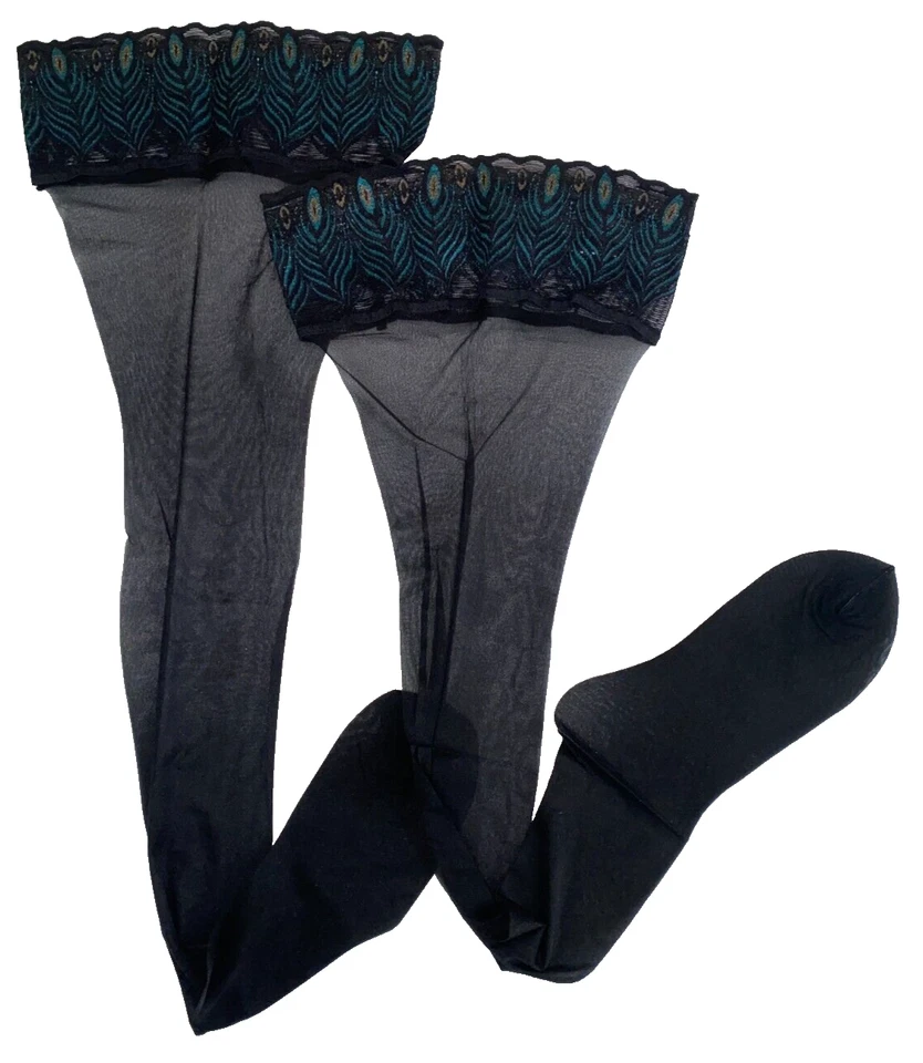 Falke Lunelle 8 Denier Peacock Stay Ups Negro Talla 10.5/11 Foto 1 de 1