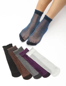6 Pairs & Colours Women's Opaque Glitter Ankle Pop Socks 3-6 UK 118 - Picture 1 of 4