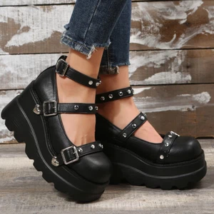 Women's Buckle Rivets Platform Thick Soled High Wedge Heels Shoes American Style - Picture 1 of 14