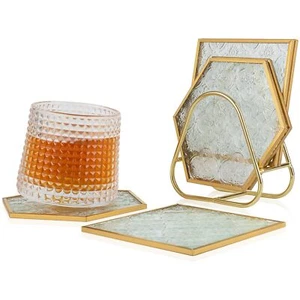 Glass Gold Coasters For Drinks With Holder 6 Pcs Cup Coaster Set With Carved Gla - Picture 1 of 6