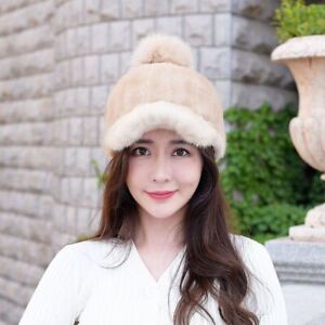 Women's Real Mink Fur Hats Beanies Beret Peaked Cap Winter Headgear Baseball Cap