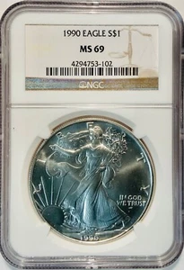 1990 MS69 NGC Silver Eagle - NGC BROWN LABEL - No Spots - Bright White - Picture 1 of 2