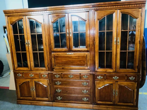 Vintage 3 Piece Cherry Breakfront Lighted China Cabinet 77Tx96Wx18D Cover