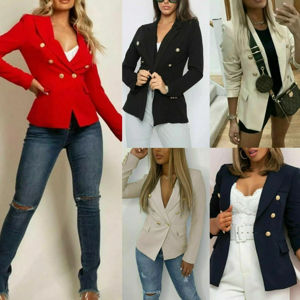 Women’s Gold Button Blazer Ladies Double Breasted Smart Formal Office Jacket - Image 1 of 1