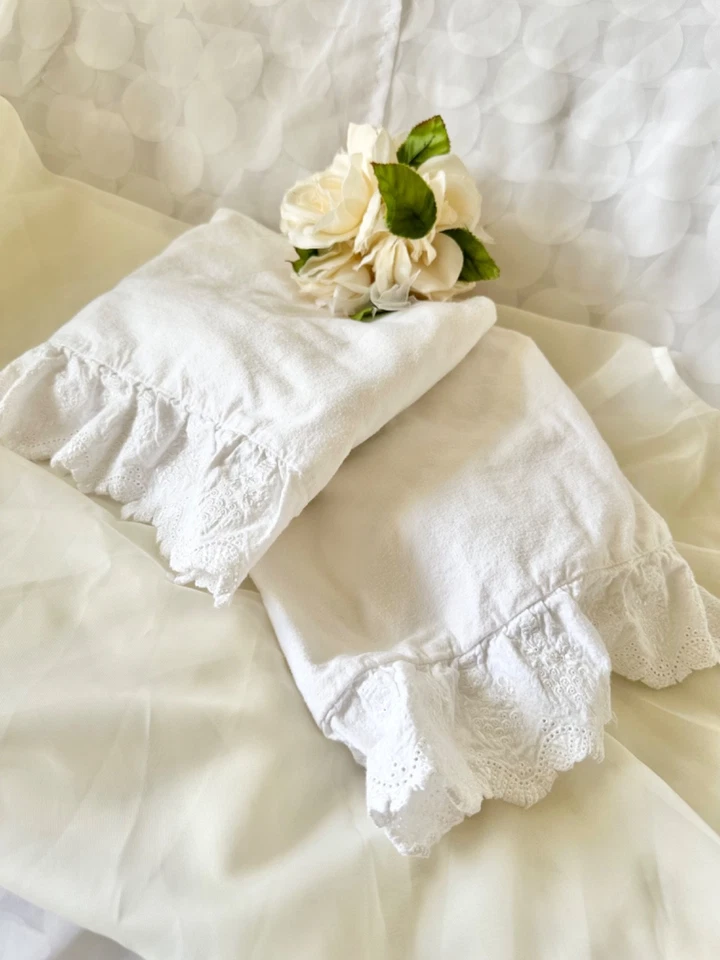 Vintage Ralph Lauren White FLANNEL EYELET lace Pillow Shams ties ruffled Cotton - Image 1 of 4