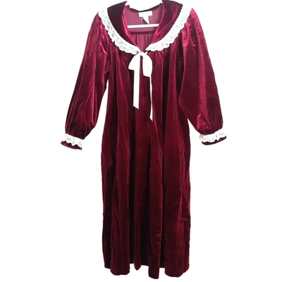 Vintage Komar Velvet Lace Bow Shawl Collar Robe Medium Burgundy Whimsigoth Goth - Image 1 of 4