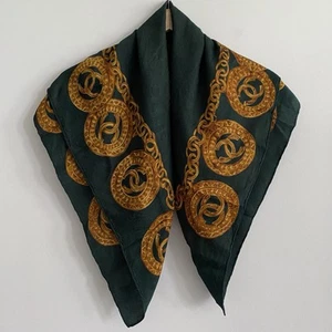 Chanel CC Chain Link Silk Scarf 32" Square Forest Green Signature Gold Vintage - Picture 1 of 13