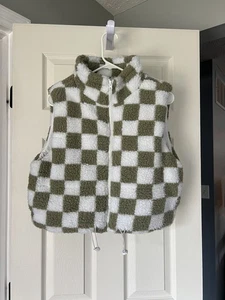Wild Rose Sherpa Weste M Schachbrett Grün Weiß Fuzzy Reißverschluss Y2K Streetwear - Bild 1 von 6