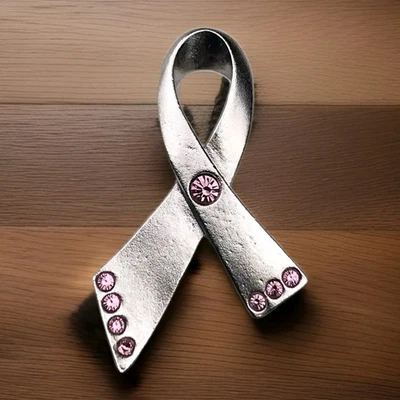 Avon Pin Brooch Silver Pink Rhinestone Awareness Ribbon Symbolic Support - Image 1 of 4