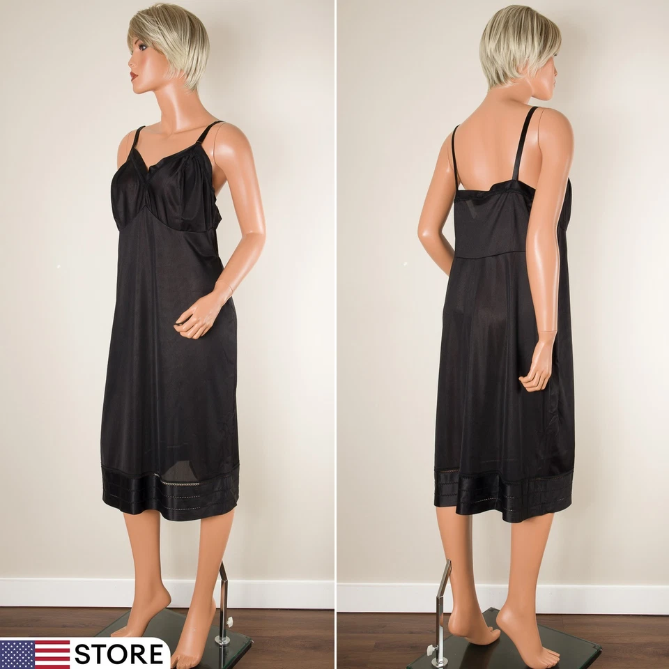 💖 Women's Full Slip Dress Black Silky Nylon Adjustable Strap Lace Trim 44-40-48 - Image 1 of 4