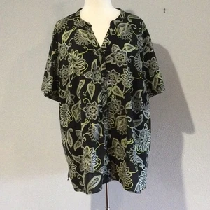 Catherines Black and Green Paisley Women's Side Slit Button Down Shirt 3X 26/28W - Picture 1 of 16
