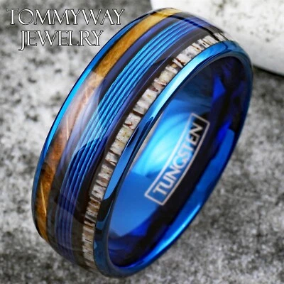 Anillo de tungsteno azul para hombre línea de pesca azul-barril de whisky y banda de cuerno de ciervo Foto 1 de 4