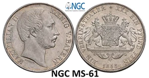 NGC MS-61 Bavaria 1858 Unc 1 Thaler Taler Silver Coin Germany German State - Picture 1 of 11
