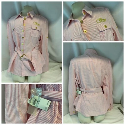 Blusa túnica Coogi talla 1X rosa rayas algodón botones cinturón nueva con etiquetas $108 ygi h1-429 Foto 1 de 4