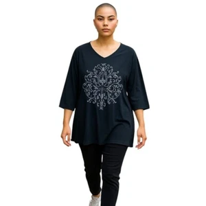 Catherines Damen V-Ausschnitt Top 2X schwarz silber Folie Blumen Schrift Baumwolle T-Shirt - Bild 1 von 12