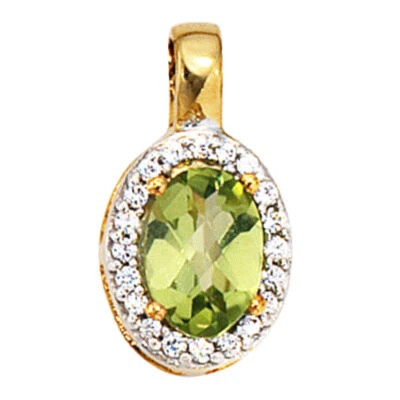 Colgante, Peridoto Verde Y 20 Diamantes Brillantes, 585 Oro Amarillo, Damas - Imagen 1 de 3