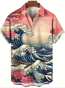 NEU Hawaii Japanisch Tattoo Wellen Knopfleiste Hemd Kurzarm Gewicht Gr. M - Bild 1 von 3