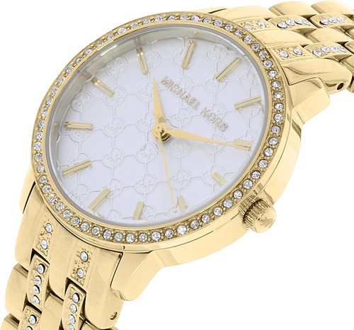 NUOVO OROLOGIO MICHAEL KORS NINI TONO ORO CRISTALLI BIANCO MONOGRAMMA LOGO QUADRANTE MK3214