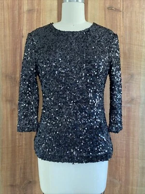 French Connection Top 尺寸 8 US 黑色亮片 Glam 性感派对缎面衬里后拉链 — 第 1/4 张图片