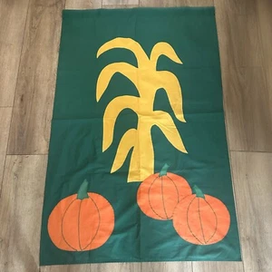 Vtg Signed Fall Garden Yard Flag Large Harvest Appliquéd Pumpkin Corn 56 x 36 - Picture 1 of 3