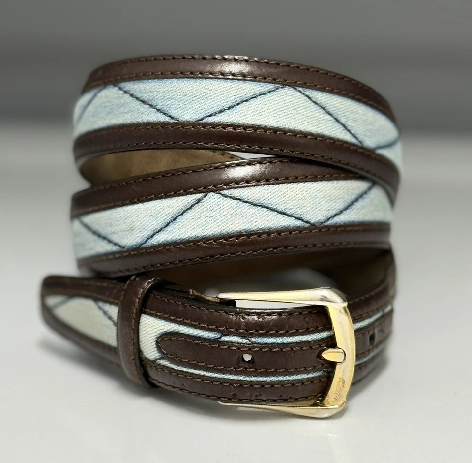 RARO Cinturón Brioni Cuero Marrón Azul Acolchado Denim Hebilla Latón Sólido Talla 100/40 Foto 1 de 4