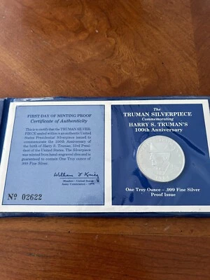 1 Troy Oz Pure .999 Ag - 100th Anniversary, Harry S. Truman, Silver Proof Coin. - Image 1 of 2