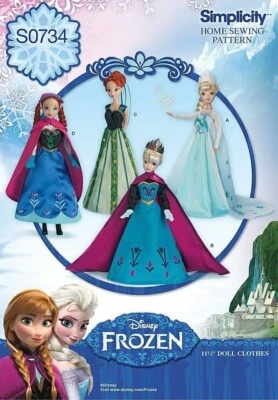 Sewing Pattern Simplicity S0734 Disney Frozen 11 1/2" Doll Clothes 1 Size Uncut - Image 1 of 4
