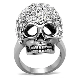 Skull Ring Silver Cubic Zirconia Womens Sparkling Biker Goth Steel Size T 10 - Picture 1 of 4