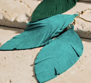 NWT Teal Leather Earrings ~ Tassel ~ Leaf ~ Statement Earrings Fashion Jewelry - Picture 1 of 1