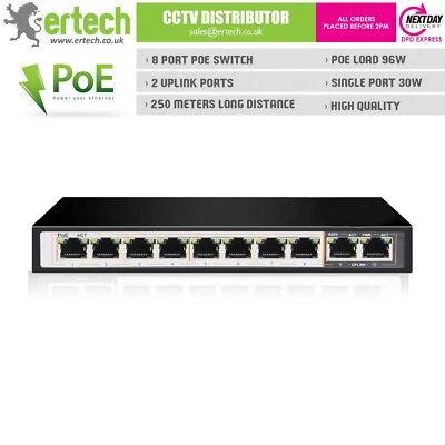 8 Port RJ45 96W 250M Long Distance AI POE Power Over Ethernet Switch - Image 1 of 2