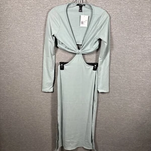 Forever 21 Sage Green Ribbed Cutout Body Con Maxi Dress Size Large NEW - Picture 1 of 12