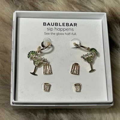 New In Box! Baublebar 3 Pair Cocktail Earrings Set - Margarita, Salt, Shot Glass - Image 1 of 4
